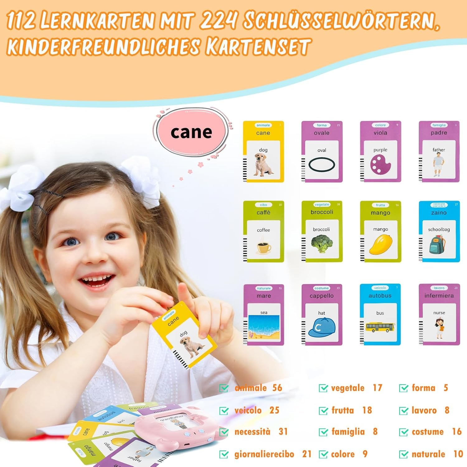 Italian Talking Flash Cards for Language Learning front view