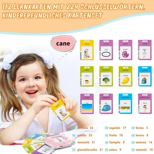 Italienisch-Lernkarten, Schede Flash Parlanti Giocattoli Educativi per Bambini Da 1 a 6 Anni, 112 Fogli 224 Parole, Giocattoli Educativi Sonori, Giocattoli Interattivi per Ragazzi E Ragazze - Rosa