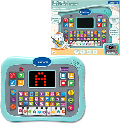 Lexibook Bilingual Learning Tablet showcasing educational features for kids to learn English and German.