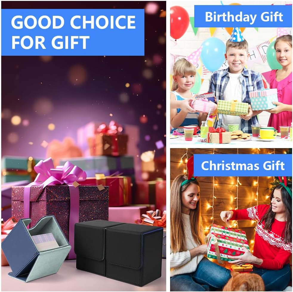 Magnetic Flip Deck Box for Trading Cards displayed as a gift choice for birthdays and Christmas, showcasing festive packaging.