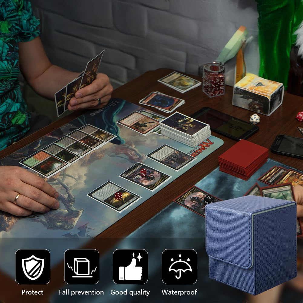 Magnetic Flip Deck Box for Trading Cards on a gaming table, showcasing premium protection and organization for card collectors.