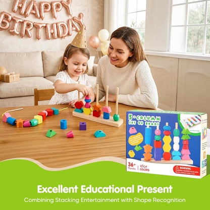Montessori Wooden Threading Beads Set for Toddlers 3 4 5, Bead Sequencing & Stacking Toy with Pattern Cards, Lacing Beads, Shape Matching Stacker, Fine Motor STEM Learning Gift