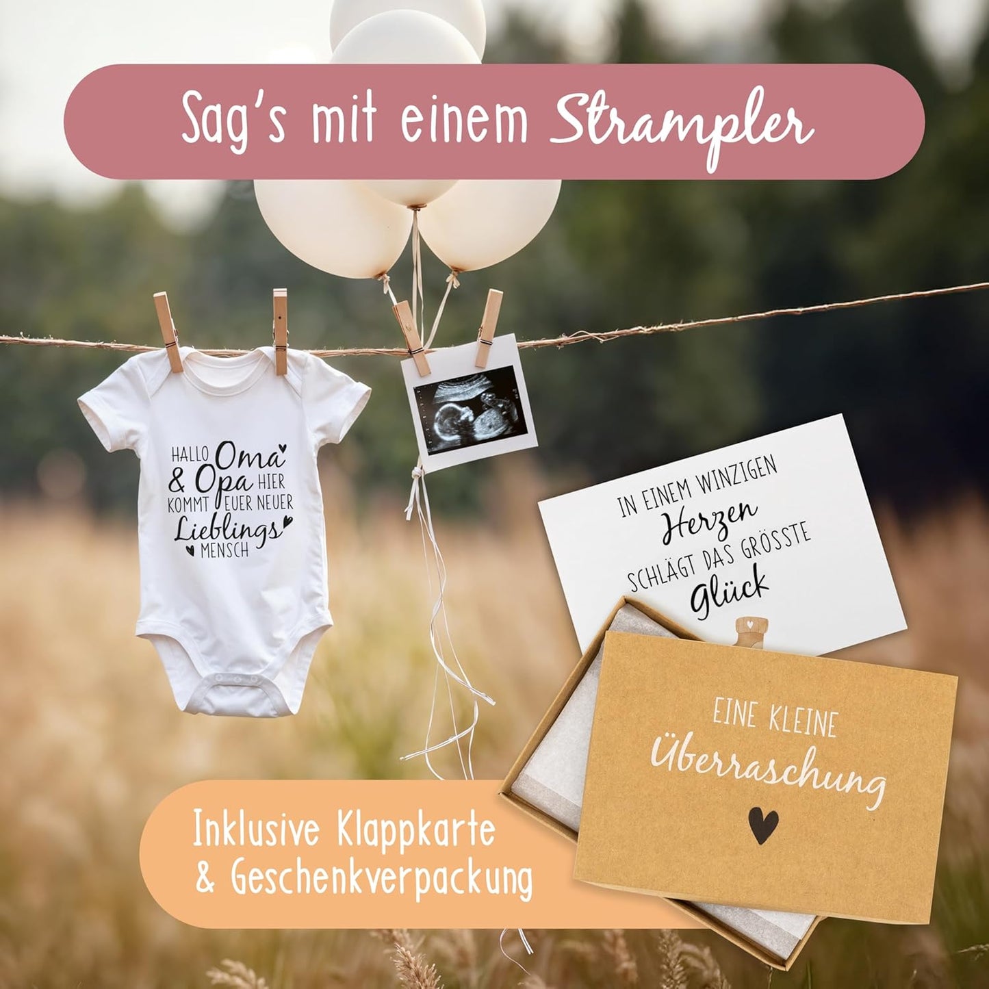 Amari Babybody Schwangerschaft Verkünden mit süßem Design und Geschenkkarten für kreative Baby-News Verkündungen.