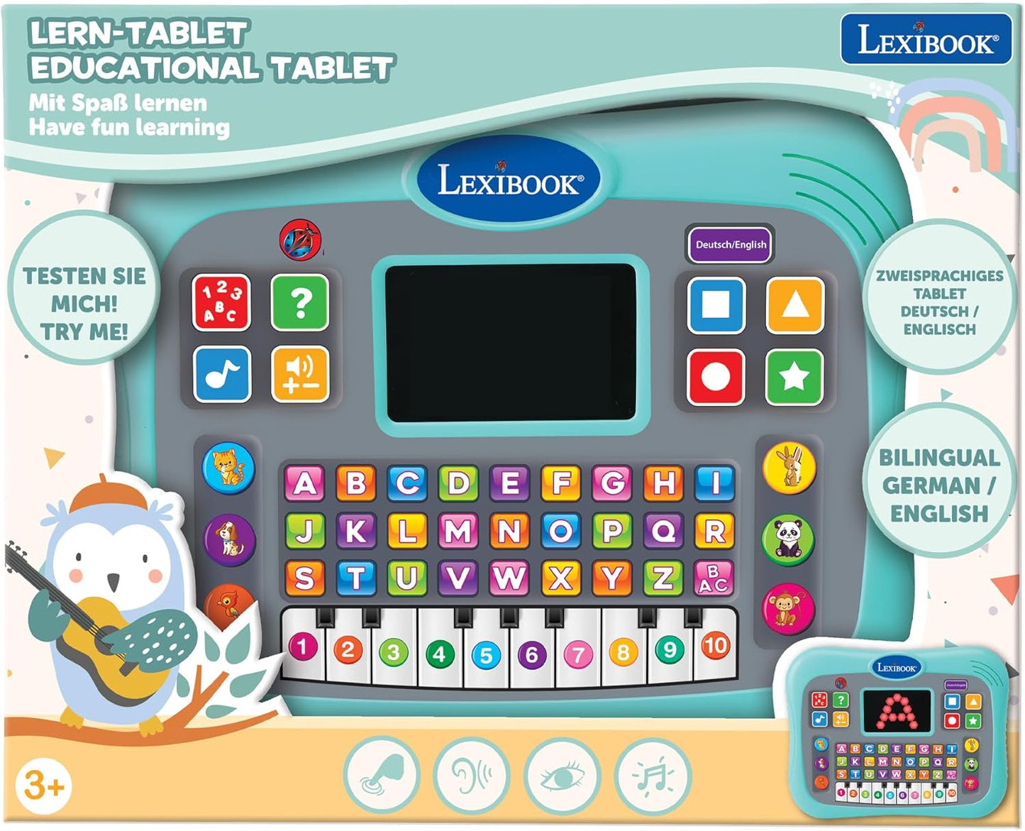 Lexibook Bilingual Learning Tablet for Kids, featuring colorful buttons and fun learning activities in English and German.