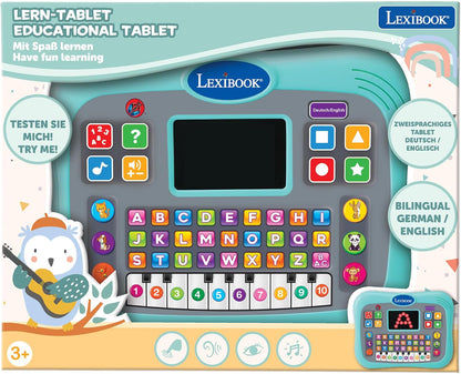 Lexibook Bilingual Learning Tablet for Kids, featuring colorful buttons and fun learning activities in English and German.