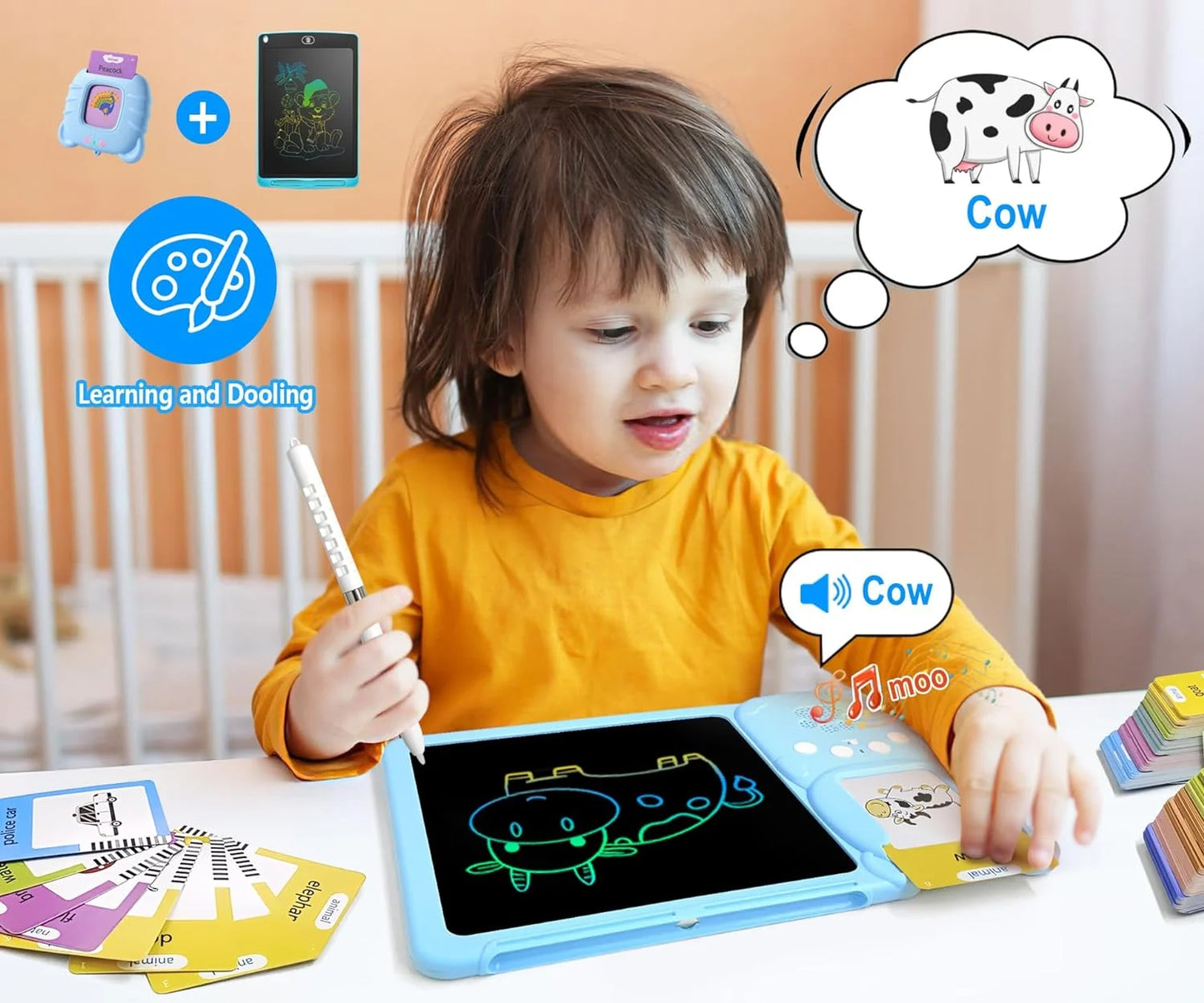 Toddler Toys Drawing Tablet with Talking Flash Card, Drop Resistant LCD Writing Tablet,224 Sight Words Pocket Speech Audible Flashcards, Learning & Education Toys for 2,3,4,5,6 Years Old