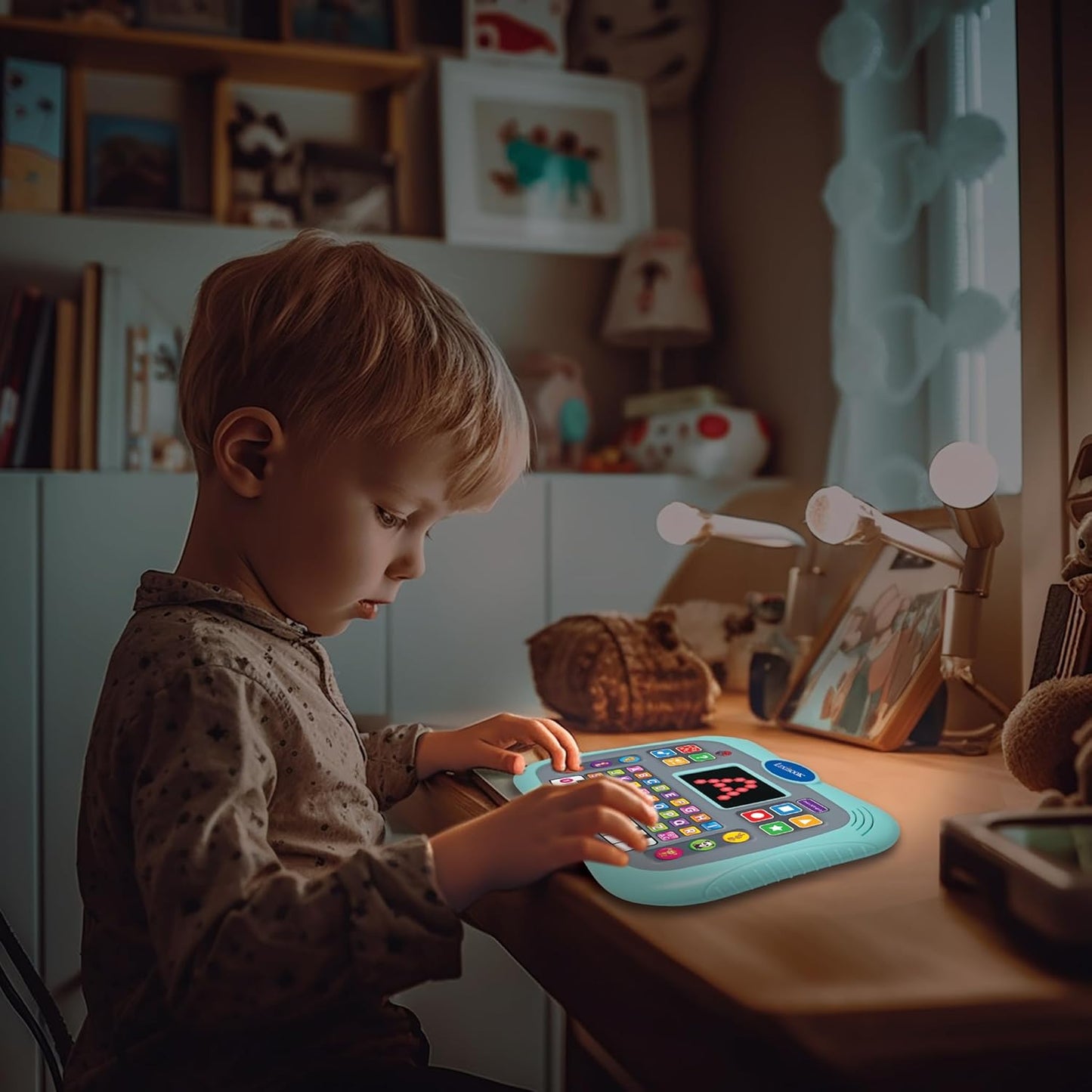 Child interacting with Lexibook Bilingual Learning Tablet on a cozy desk at home, surrounded by soft lighting.