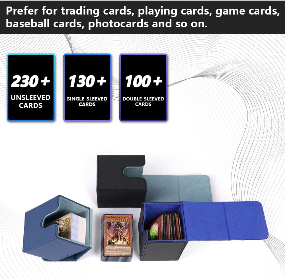Magnetic Flip Deck Box for Trading Cards displayed with capacity for unsleeved, single-sleeved, and double-sleeved cards.