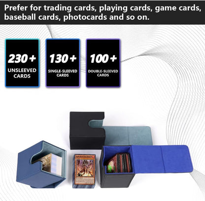 Magnetic Flip Deck Box for Trading Cards displayed with capacity for unsleeved, single-sleeved, and double-sleeved cards.
