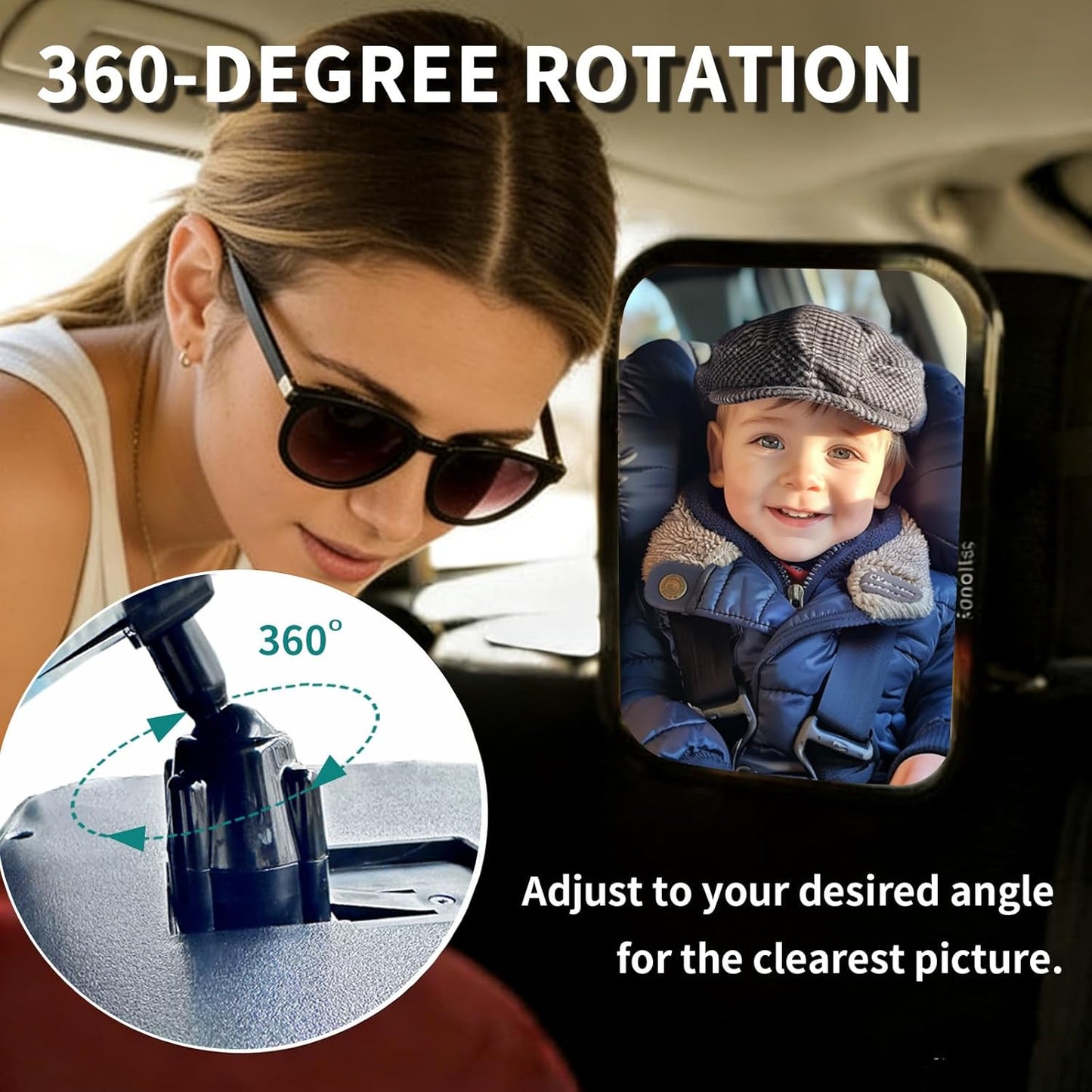 Baby Spiegel Auto, 360° Drehbar Für Einfache Anpassung,Bruchsicheres Acrylglas, Robuste Gurte, Einfach Montieren, Autospiegel Baby Rückbank