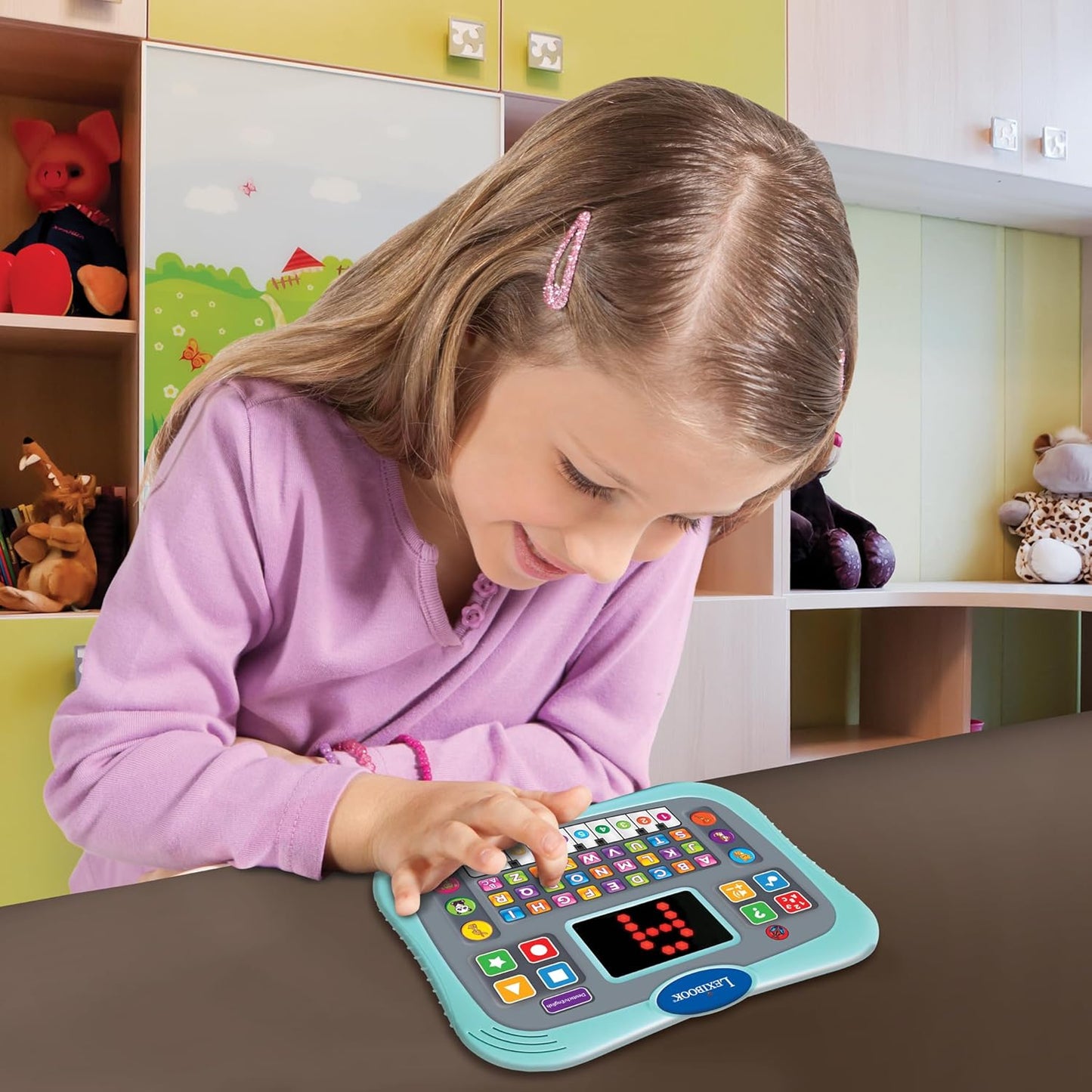 Child using Lexibook Bilingual Learning Tablet, engaging in educational games and activities.
