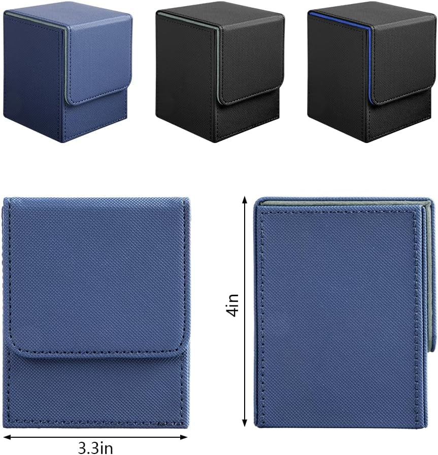 Magnetic Flip Deck Box for Trading Cards in blue and black, showcasing dimensions of 3.3in by 4in for optimal storage.