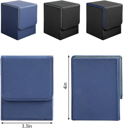Magnetic Flip Deck Box for Trading Cards in blue and black, showcasing dimensions of 3.3in by 4in for optimal storage.