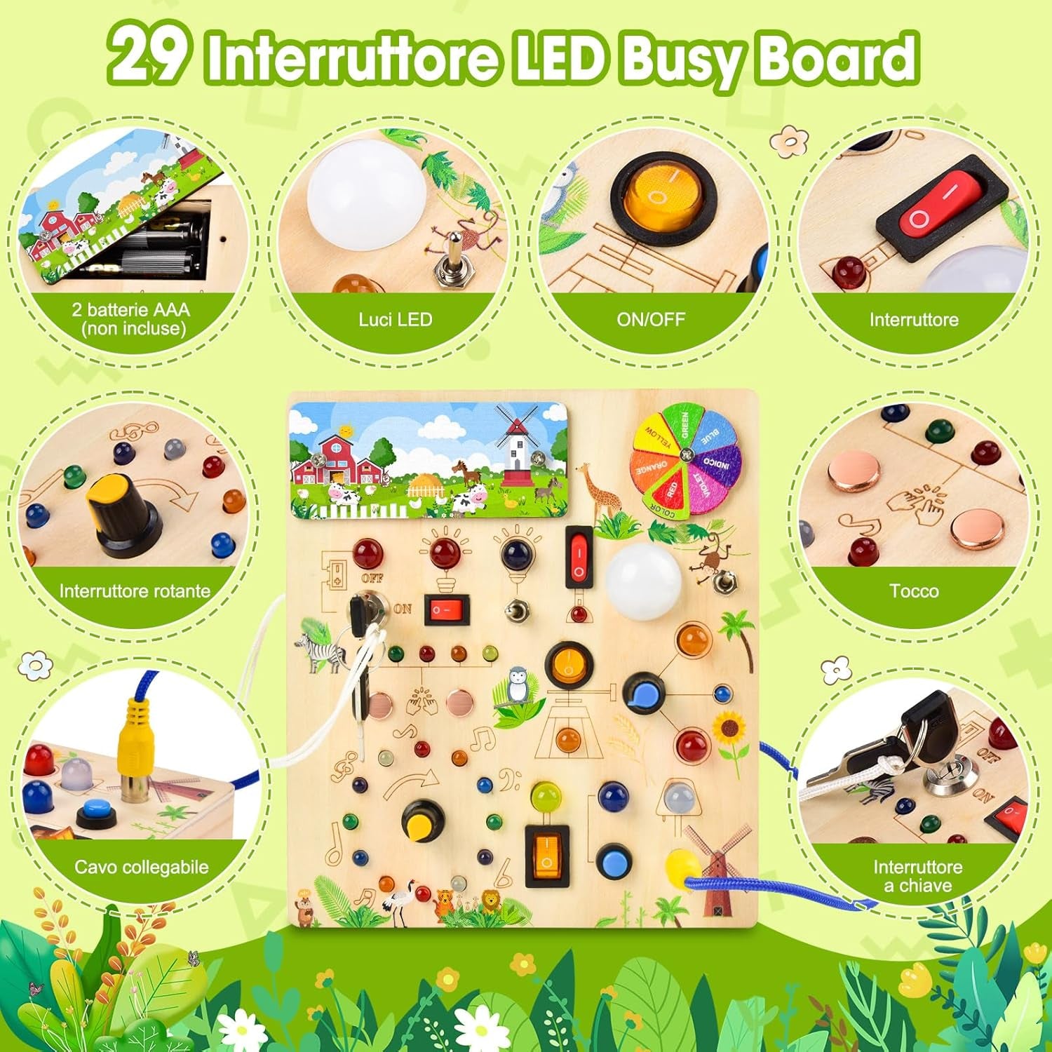Montessori Busy Board for Toddlers featuring 29 interactive elements, promoting fine motor skills and sensory development.