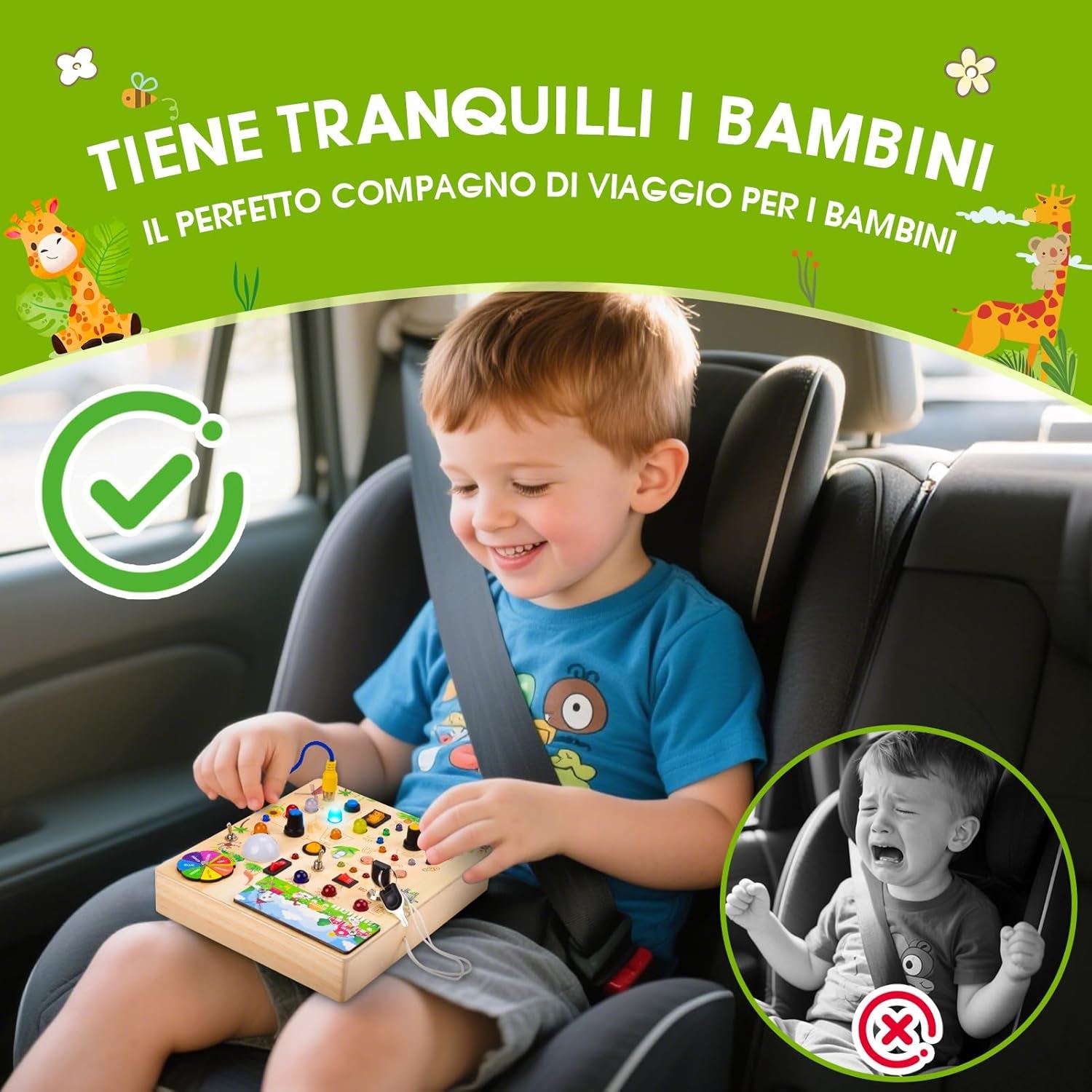 Montessori Busy Board for Toddlers used in car to keep kids entertained during travel.