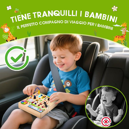 Montessori Busy Board for Toddlers used in car to keep kids entertained during travel.