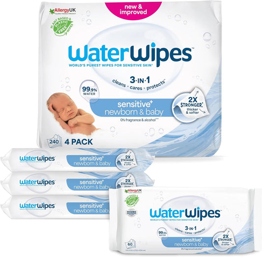 Sensitive+ Newborn & Baby Wipes, Salviettine per Neonati E Bambini, 240 Pezzi (4 Confezioni), Deterge, Cura, Protegge, 99,9% Acqua, Senza Profumo