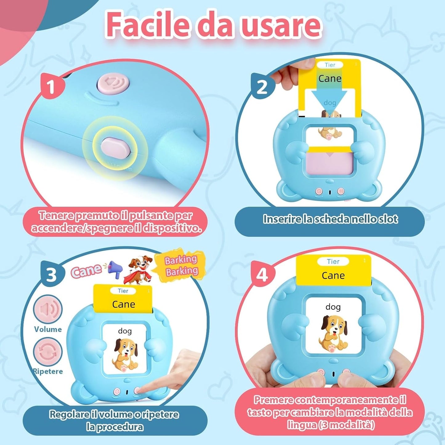 510 Parole Schede Talking Flash Cards, Flashcards Bambini Italiano, Giochi Montessori Bambini, Italiano E Inglese Giocattoli Di Apprendimento, Educativi Prescolari 255 Flashcard 510 Parole (Blu)
