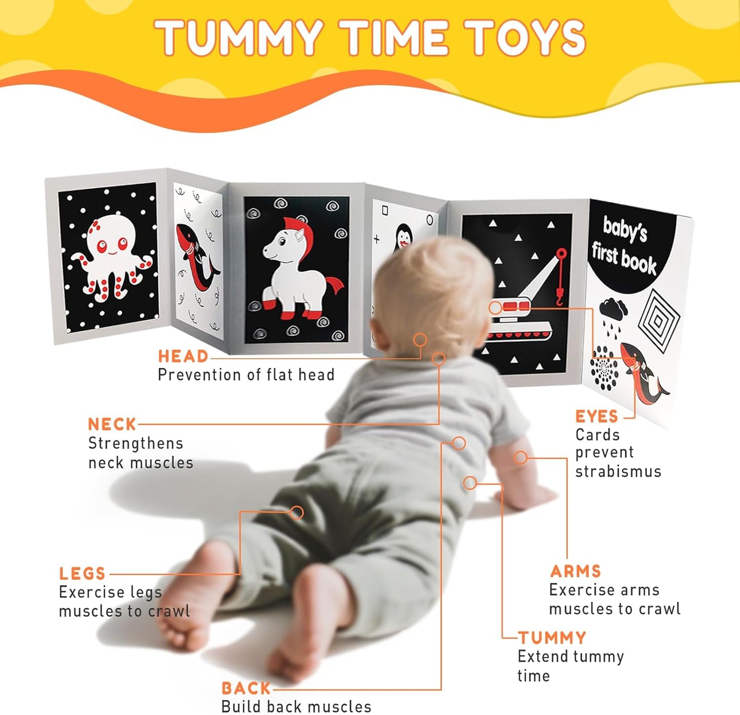 Baby laying on tummy with high contrast baby flash cards for infant learning.