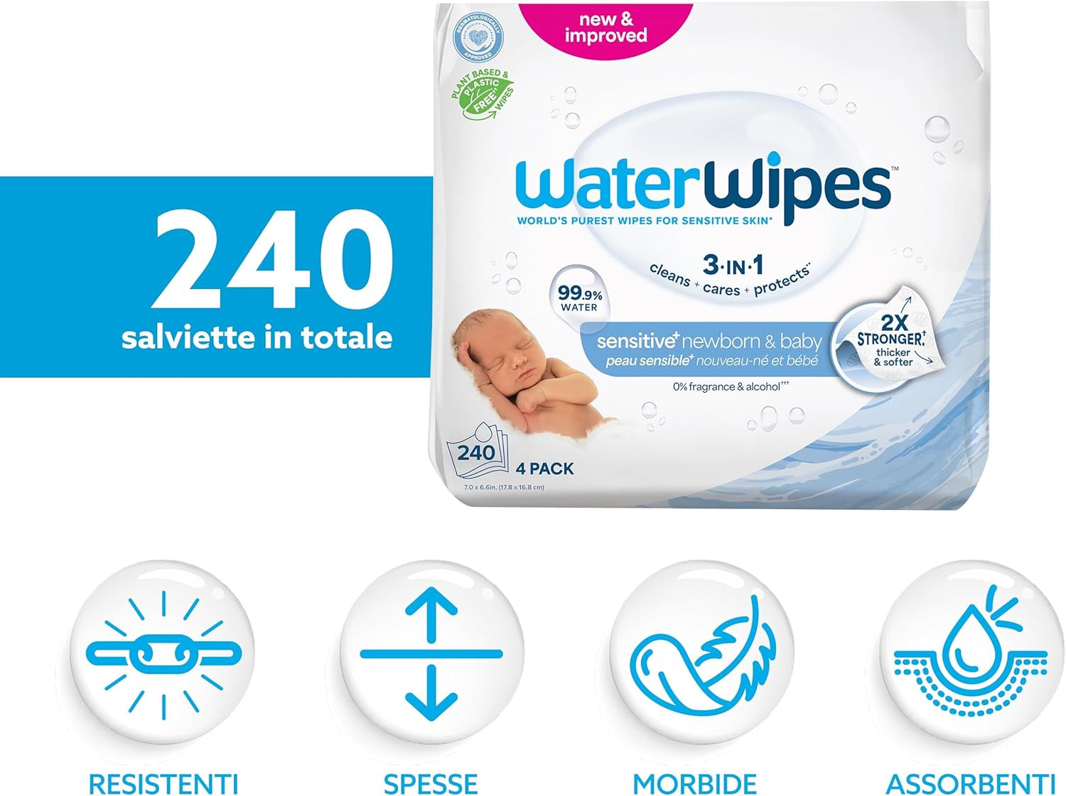 Sensitive+ Newborn & Baby Wipes, Salviettine per Neonati E Bambini, 240 Pezzi (4 Confezioni), Deterge, Cura, Protegge, 99,9% Acqua, Senza Profumo