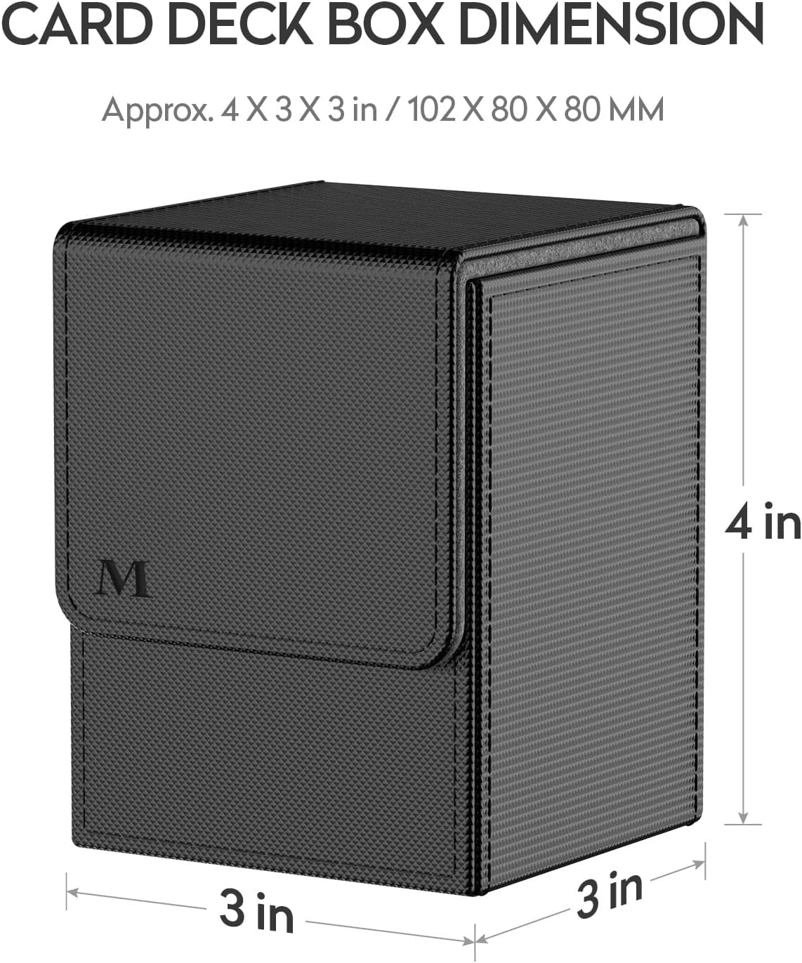 Card Storage Box Magnetic Flip dimensions showing 4 x 3 x 3 inches for organizing and protecting trading cards.