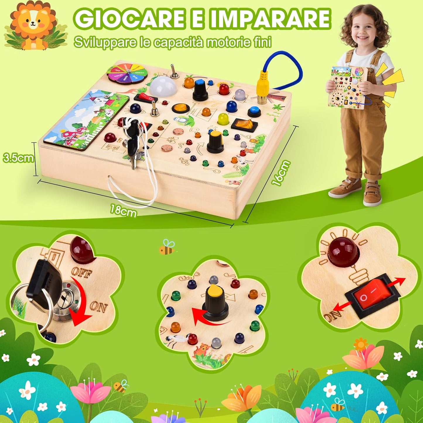 Montessori Busy Board for Toddlers interactive learning toy with buttons and activities for fine motor skills.
