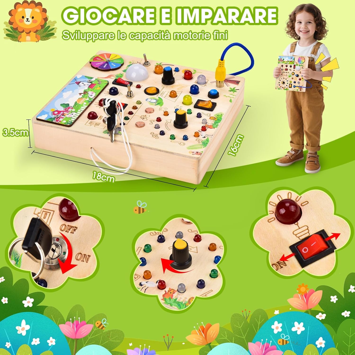 Montessori Busy Board for Toddlers interactive learning toy with buttons and activities for fine motor skills.