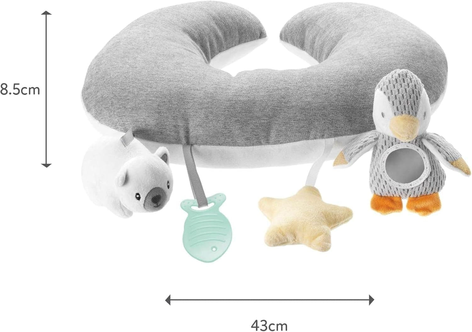 Nuby Penguin Tummy Time Pillow for Babies, Grey and White Plush Nursery Accessories, 39 X 30 Cm