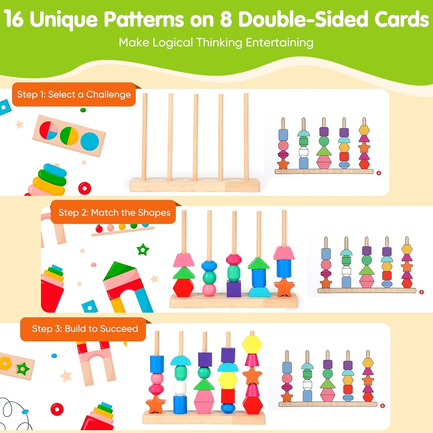 Montessori Wooden Threading Beads Set for Toddlers 3 4 5, Bead Sequencing & Stacking Toy with Pattern Cards, Lacing Beads, Shape Matching Stacker, Fine Motor STEM Learning Gift