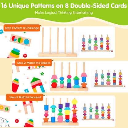 Montessori Wooden Threading Beads Set for Toddlers 3 4 5, Bead Sequencing & Stacking Toy with Pattern Cards, Lacing Beads, Shape Matching Stacker, Fine Motor STEM Learning Gift