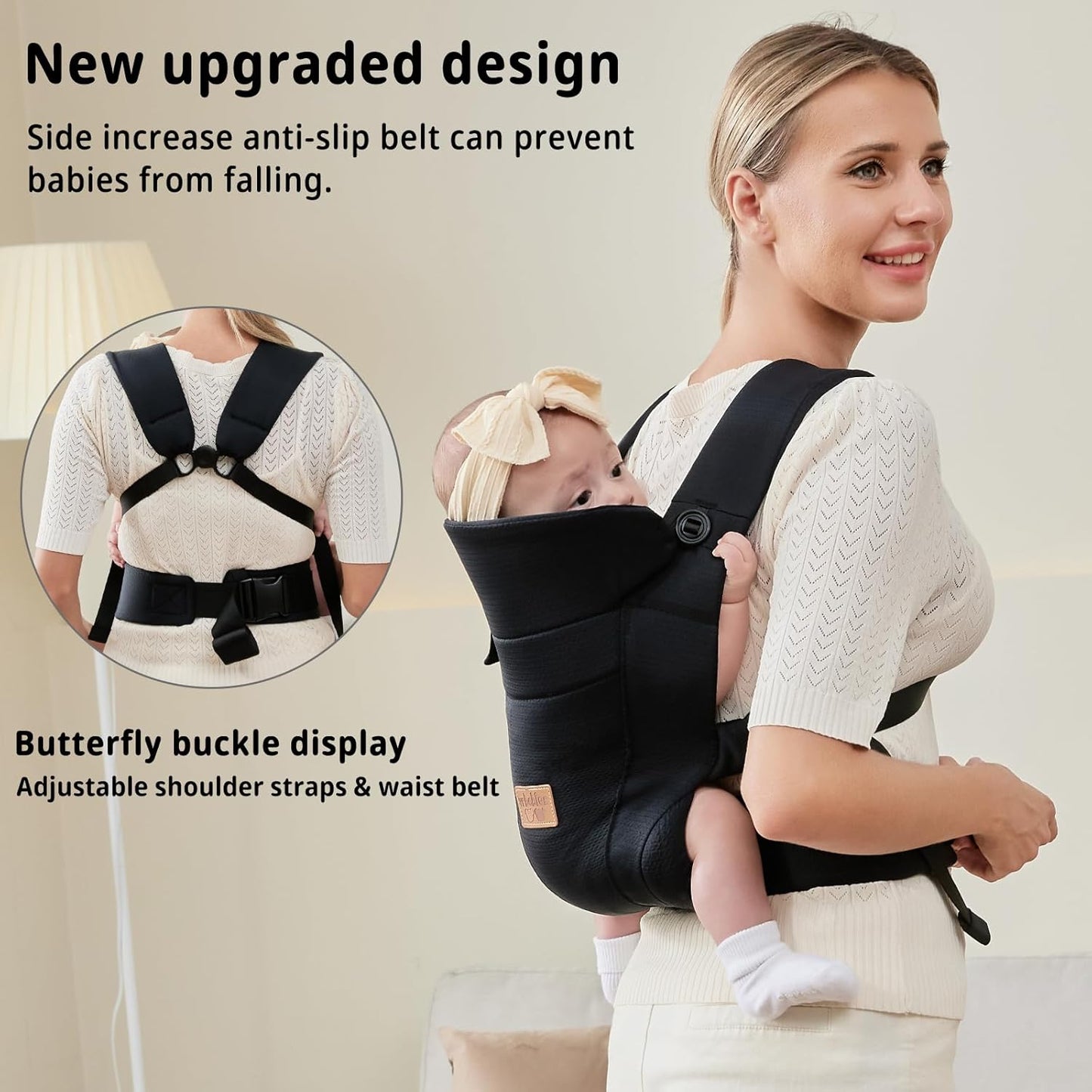 Babytrage Für Neugeborene Ab Geburt,Ergonomische,Mit Verstellbarer Gürtel,Baby Bauchtrage Rückentrage,Leicht＆Atmungsaktiv-4-15Kg(Schwarz - Mit Gürtel)