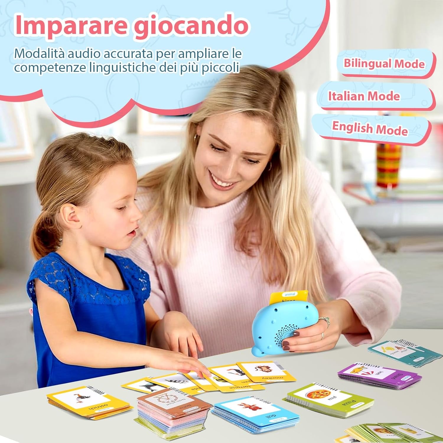 510 Parole Schede Talking Flash Cards, Flashcards Bambini Italiano, Giochi Montessori Bambini, Italiano E Inglese Giocattoli Di Apprendimento, Educativi Prescolari 255 Flashcard 510 Parole (Blu)